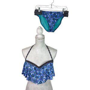 Profile Blush‎ Women's L D Cup 2-Piece Ruffle Underwire Bandeau Bikini Set Blue